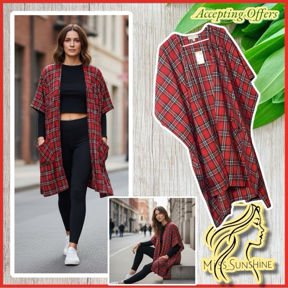 Weekend Suzanne Betro NEW - Sz L - plaid pocketed kimono - 100% cotton